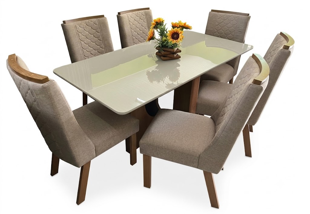 Mesa vidro serigrafado com 6 cadeiras